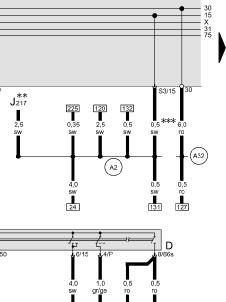 Kupplungsstation A-Säule - Plusverbindung (15), im Schalttafelleitungsstrang A2 A21 A32 A52 - Verbindung (86s), im Schalttafelleitungsstrang - Plusverbindung (30), im