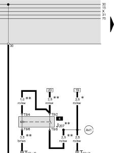 Wasch-Wisch-Intervallautomatik J207 - Relais für Anlaßsperre T1h - Steckverbindung, 1-fach, schwarz, im Motorraum T2cl - Steckverbindung, 2-fach, schwarz, im Motorraum T9 - Steckverbindung, 9-fach,