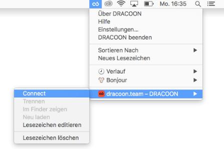 Um die Verbindung mit dem 3Cloud -Laufwerk aufzuheben, klicken Sie auf das 3Cloud-Icon in der Menüleiste, auf das jeweilige Lesezeichen (Netzwerkverbindung) und danach auf Trennen : Um die Verbindung