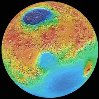 Blau kodiert sind Senken, rot kodiert Erhebungen (Mars Global