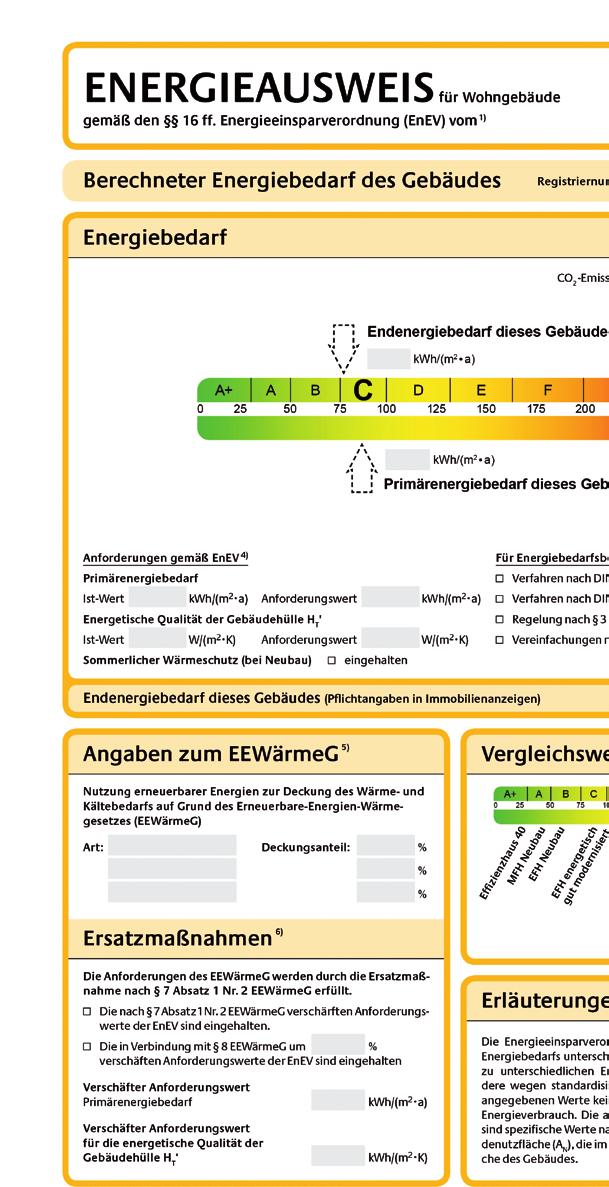 Der farbige Bandtacho in den Energieausweisen für Wohngebäude wird neu kalibriert und zusätzlich durch Energieeffizienz klassen von A+ bis H (ähnlich der Skalierung bei Elektro geräten) ergänzt.