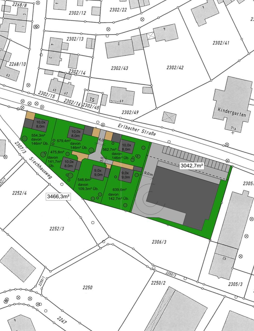 Lageplan: (Verwendung als Bestandsobjekt und Neubebauung der Parkplatzfläche) im Lageplan mit 6 EFH dargestellt.