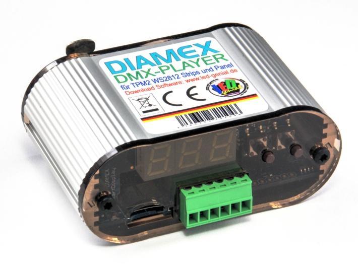 FUNKTIONEN Der LED-Player-DMX spielt TPM2-Dateien von der SD-Karte auf Einzel-LEDs oder LED-Stripes ab. Die Auswahl der Dateien geschieht über die DMX-Schnittstelle.