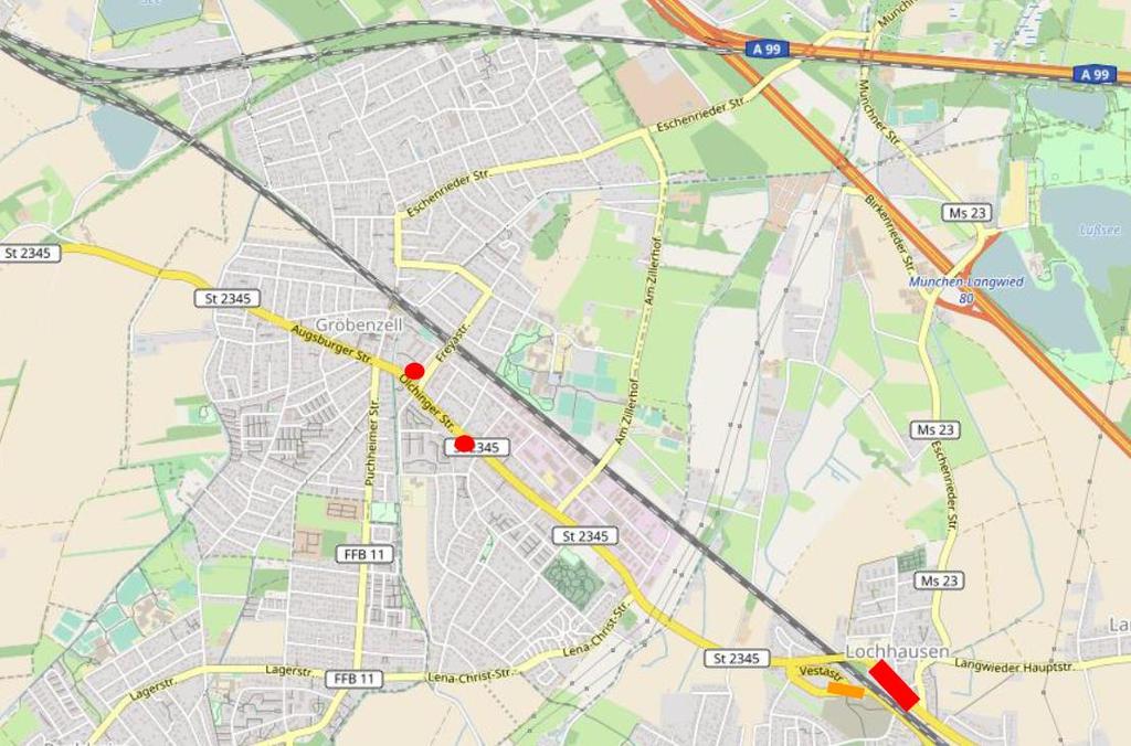 Auswahl der Messpunkte in Gröbenzell Bild 2: Straßennetzplan der Gemeinde Gröbenzell und Darstellung der ausgewählten Messstellen (rote Kreise) im Ortszentrum Gröbenzell.