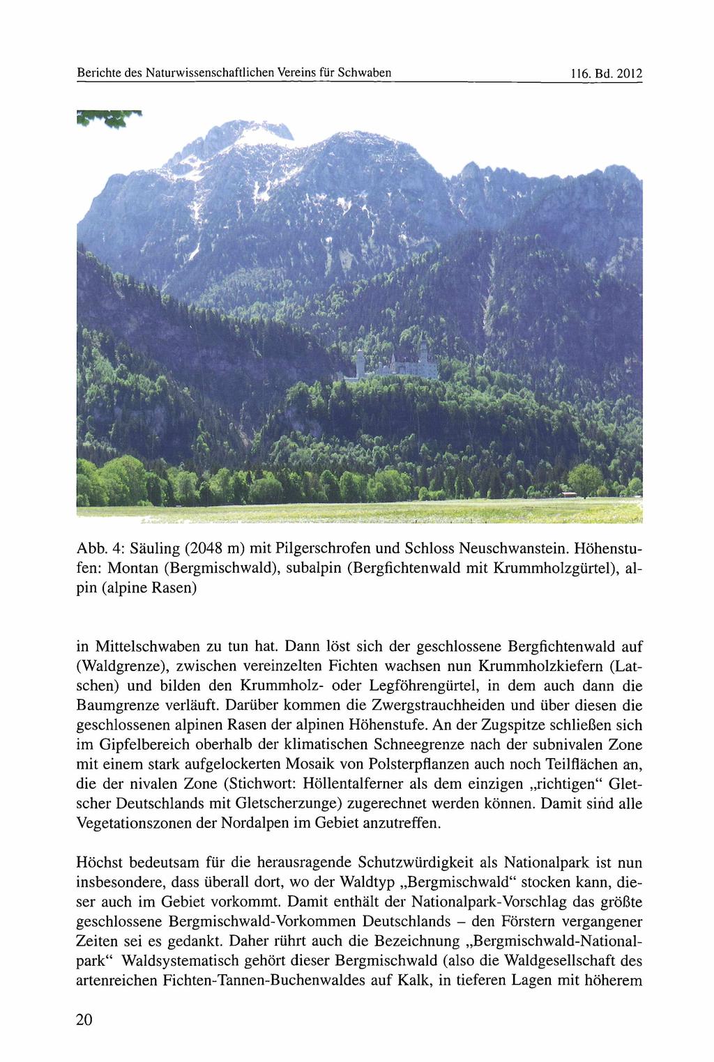 Berichte des Naturwissenschaftlichen Vereins für Schwaben 116. Bd. 2012 Abb. 4: Säuling (2048 m) mit Pilgerschrofen und Schloss Neuschwanstein.