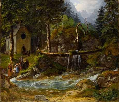 1185 1185* GUSTAV REINHOLD Gera 1798-1849 Königssee/Berchtesgaden In der Ramsau. Kirchgänger an einem wilden Gebirgsbach; im Hintergrund, halb im Wald, das kleine Gotteshaus der Gebirgler.