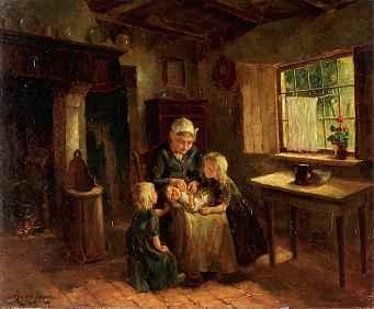 1229 J.H. DE JONGE Holländische Schule 19. Jh. JungeMutter mit ihren Kindern inder Küche Unten links signiert J.H. de Jonge.