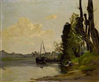 1233 HIPPOLYTE CAMILLE DELPY zugeschrieben Joigny 1842-1910 Paris Baumbestandenes Flussufer mit voranker liegendem Boot Trägt unten links die Signatur H. C. Delpy und datiert (18)75.