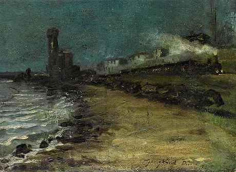 1235 1235 JOHAN BARTHOLD JONGKIND Latrop bei Rotterdam 1819-1891 Grenoble Meeresufer mit Leuchtturm und fahrendem Zug bei Nacht Unten
