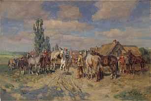 1274 WILHELM VELTEN St. Petersburg 1847-1929 München Pferdemarkt voreinem Dorf Unten rechts signiert W. Velten. Ölauf Holz, 15,2 x22,2 cm CHF 4500/6 000.