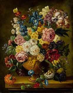 1065 HOLLÄNDISCHE SCHULE 17./18. JH. Blumenstrauss in reliefierter Vase und Vogelnest Öl auf Lwd.