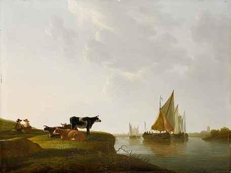 1091 1092 JACOB VAN STRIJ Dordrecht 1756-1815 Flusslandschaft mit Kühen, Segelbooten und rastenden