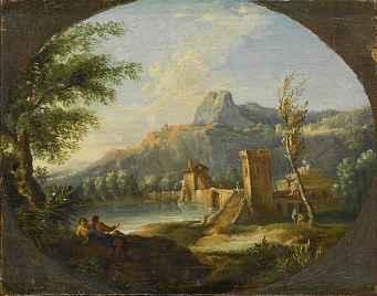 1099 Nachfolger des JAN FRANS VAN BLOEMEN Antwerpen 1662-1749 Rom Landschaft mit Kastell und Gewässer Öl auf Lwd., 24,8 x31,2 cm, doubliert CHF 5000/6 000. EUR 3150/3 750.