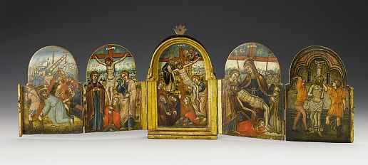 1133 1133 WESTRUSSISCHE SCHULE 17. JH. 5-teiliger Hausaltar mit Szenen aus der Passion Christi Öl auf Holz, je Tafel 17 x12cm, zusammenklappbar CHF 12 000/16 000.