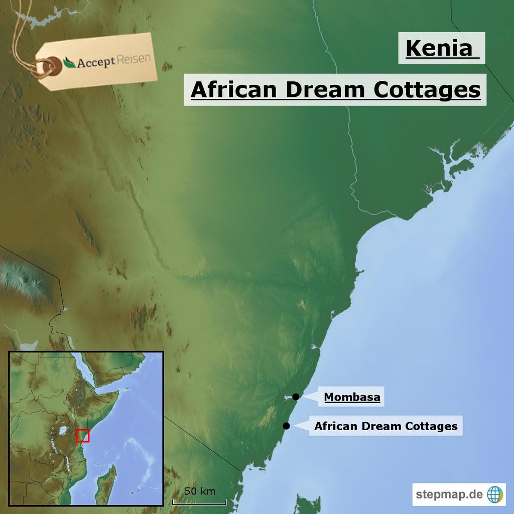 Die African Dream liegen nur 30km südlich von Mombasa. 400m sind es von der 6000m² großen Anlage zum Strand.