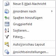 Wenn Sie beispielsweise im E-Mail-Modul mit der rechten Maustaste auf eine freie Stelle des Anzeigebereichs klicken, stellt Ihnen Outlook im Kontextmenü die wichtigsten Befehle zusammen, die Sie auf