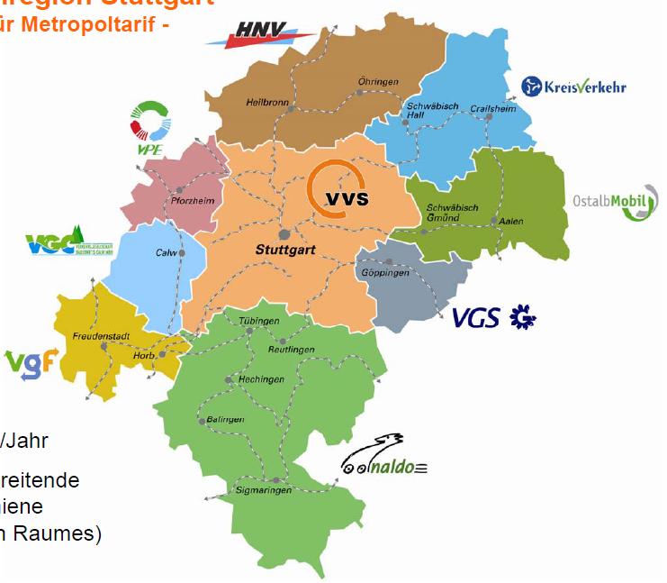Metropoltarif Gemeinsam mit dem Verkehrs- und Tarifverbund Stuttgart und allen an diesen angrenzenden Verkehrsverbünden wird derzeit der sogenannte Metropoltarif vorbereitet.