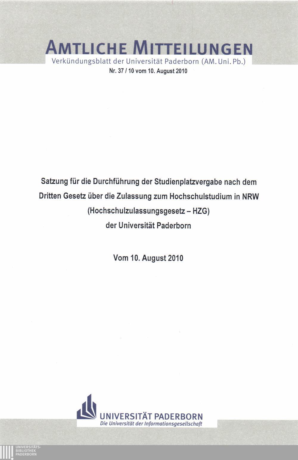 Amtliche Mitteilungen Verkündungsblatt der Universität Paderborn (AM. Uni. Pb.) Nr. 37/10 vom 10.
