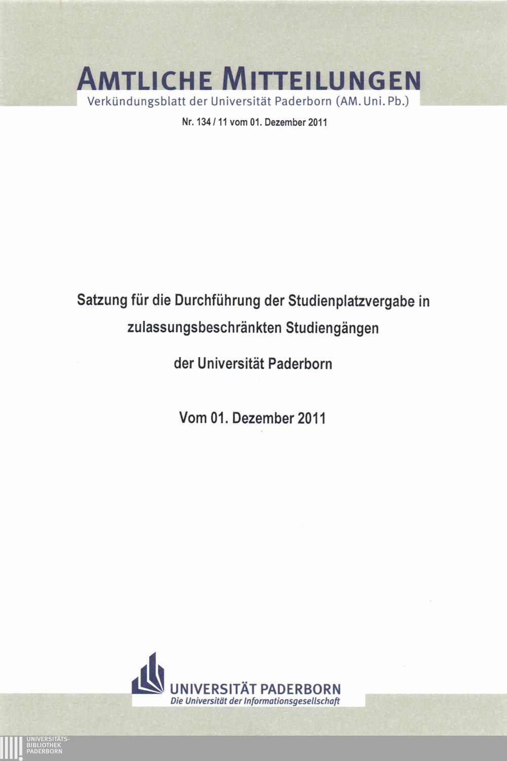 Amtliche Mitteilungen Verkündungsblatt der Universität Paderborn (AM. Uni. Pb.) Nr. 134/11 vom 01.