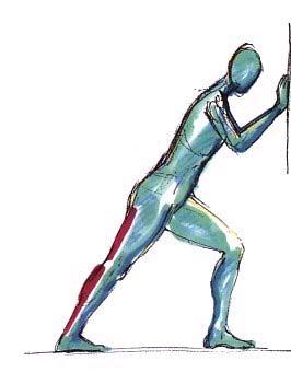 Stretching für die Wadenmuskulatur Stellen Sie sich in Schrittstellung vor eine Wand und stützen sie sich mit den Händen ab.