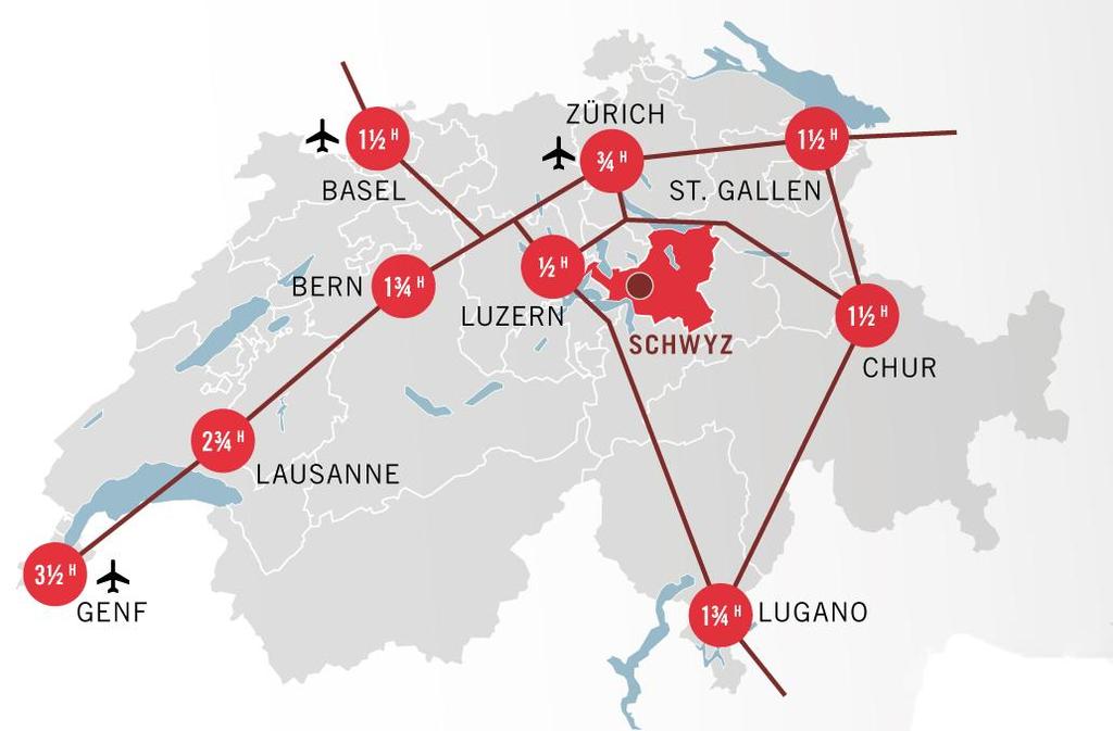 Kanton Schwyz gut und schnell erreichbar Im Herzen der Schweiz Teil der Greater Zurich Area Optimale Verkehrsanbindung - Strasse: