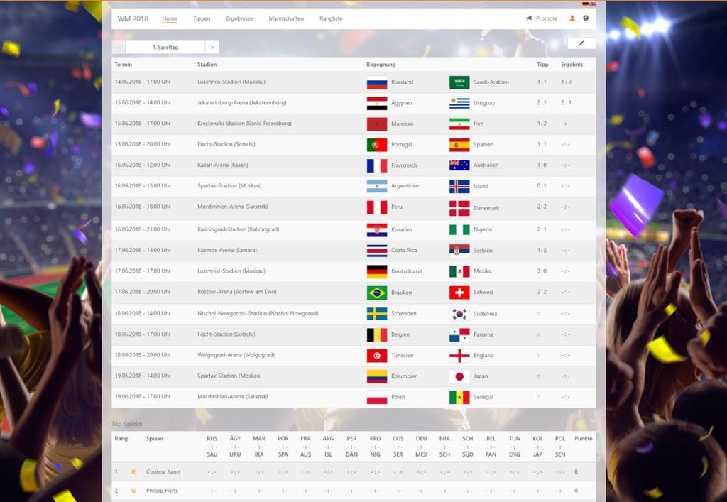 Home Home ist die Startseite der WM2018 App. Hier finden Sie alle Spiele nach Spieltag geordnet mit zusätzlichen Informationen wie Datum, Stadion und Uhrzeit.