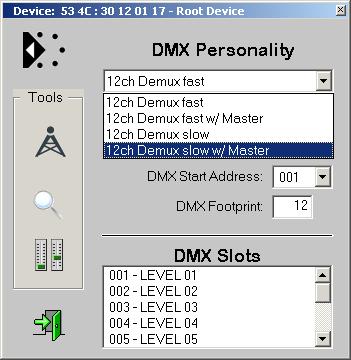 Der gewünschte Modus kann durch Auswahl der entsprechenden DMX512 Personality eingestellt werden.