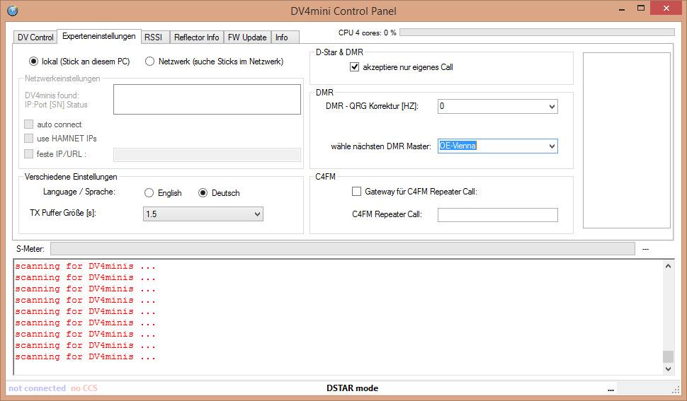 - Den TX-Puffer auf 1,5 Sekunden stellen. - Oben bei lokal (Stick an diesem PC) anwählen. - Bei D Star & DMR das Kreuz setzen, damit der DV4Mini nur mit dem eigenen Rufzeichen benützt werden kann.