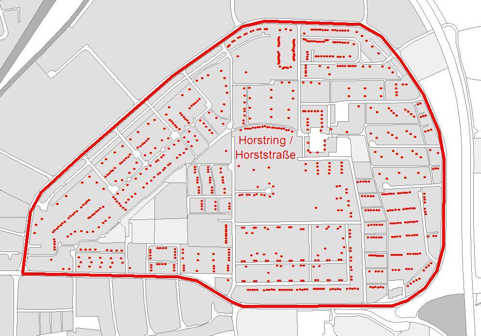 1. Einwohnerentwicklung im Horstgebiet: In dem in nachstehender Darstellung rot umgrenzten Wohngebiet zwischen Horstring und Horststraße in Landau waren laut Einwohnermeldesoftware MESO Ende Juni