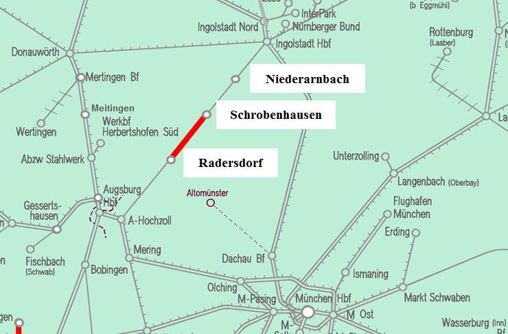 NBM 06 GA Schrobenhausen - Radersdorf Lage im Netz Die wichtigsten Bauarbeiten Gleisauswechslung km 26,1 33,7 und EÜ km 29,897 (7600 m) Umbau Gleis 2 Niederarnbach (ca.