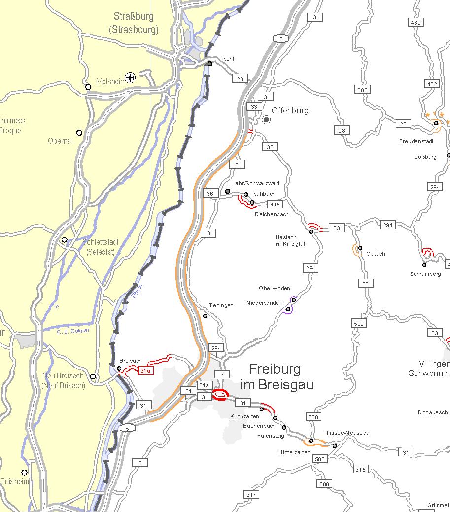 A 5, AS Offenburg AS Freiburg-Mitte Einstufung im Entwurf BVWP 2030: WB Einstufung im BVWP 2003: WB/VB 6-streifiger Ausbau der A 5 Länge: 53,0 km Kosten lt. BVWP: 493,1 Mio.