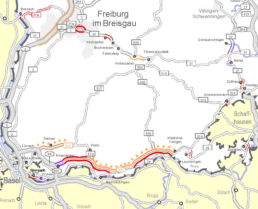 A 98, Rheinfelden Schwörstadt (2. Fahrbahn) und weiterer Streckenverlauf Einstufung im Entwurf BVWP 2030: VB Einstufung im BVWP 2003: WB 4-streifiger Neubau der A 98 Länge: 7,1 km Kosten lt.