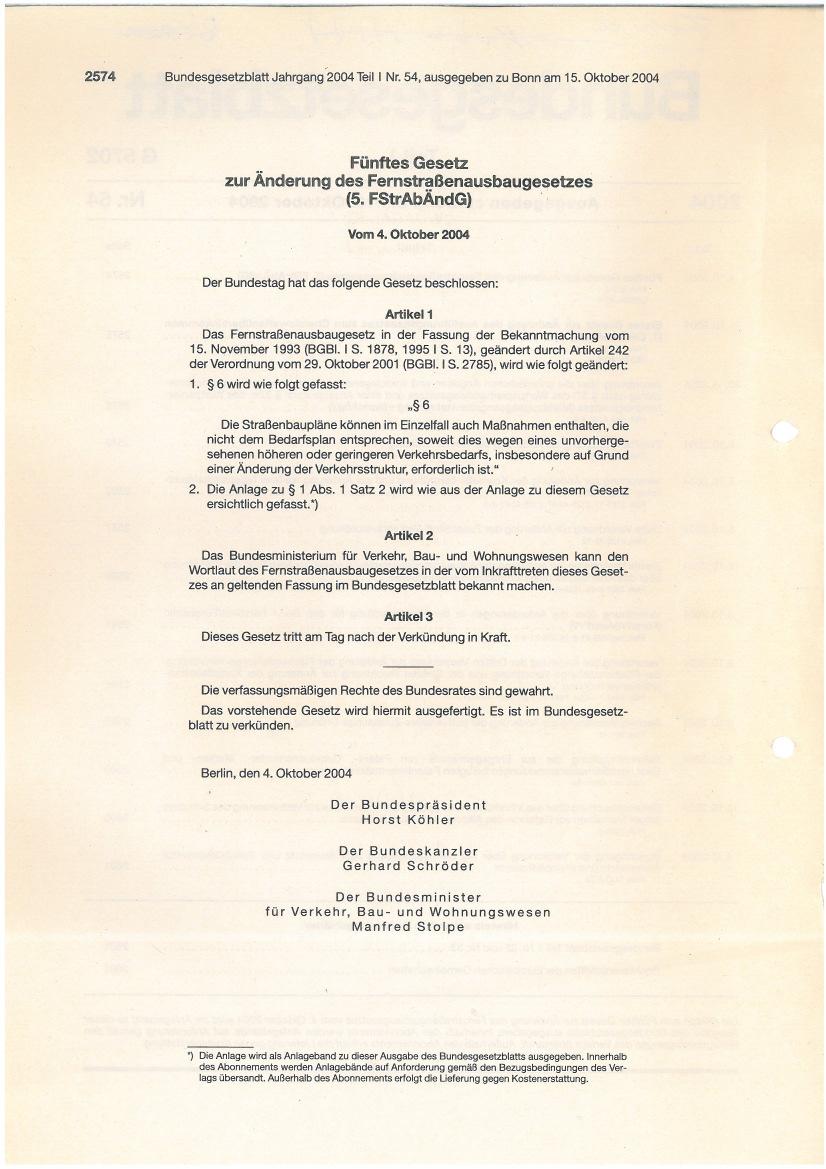 Bedarfsplan 2004 Fernstraßenausbaugesetz und Bedarfsplan 2004 Die gesetzliche Grundlage für den Neubau von Bundesfernstraßen ist zurzeit das Fernstraßenausbaugesetz (FStrAbG) vom 4. Oktober 2004.