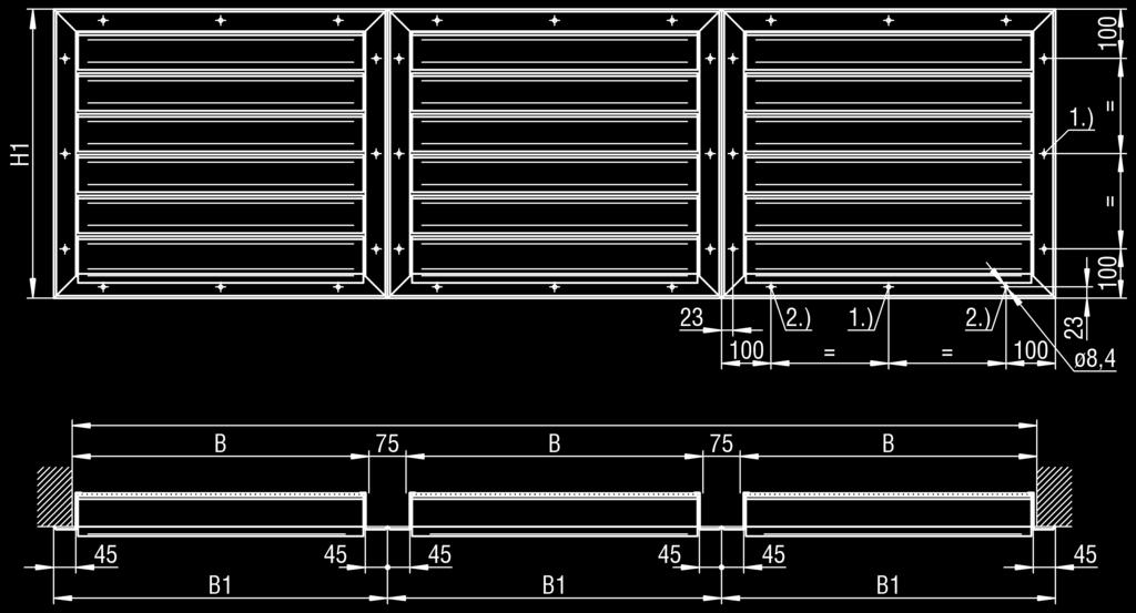 Bandausführung mit Anordnung der Schraublöcher Einbaumaß Breite (EMB) Die Abbildung zeigt das Außenluftansaug- bzw.