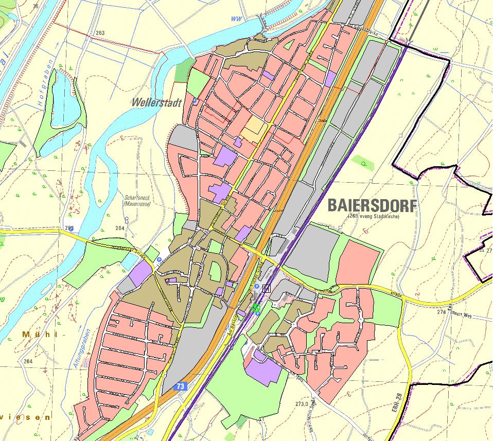 Flächennutzungsplan Baiersdorf (Quelle: Rauminformtionssystem RIS-View) Entlang der Bahnlinie befinden sich vorwiegend gewerblich genutzte Flächen (grau eingefärbt).