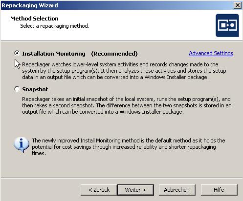 64: Installationsdatei im temporären Installationsordner Starten Sie den Repackaging Wizard und wählen die Methode Installation Monitoring :