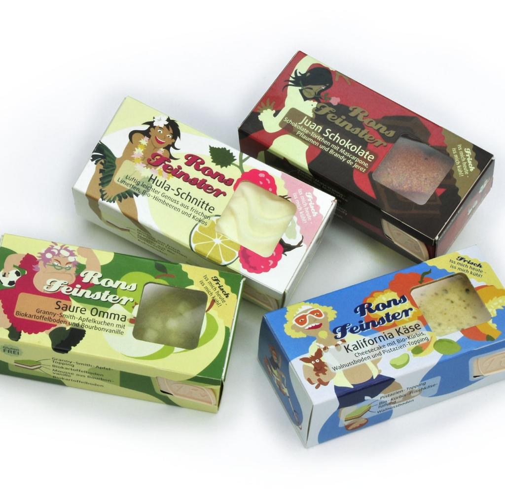 Packaging Design für Kuchen Rons Feinster ist ein von Hand produzierter Convienience-Kuchen in vier Sorten.