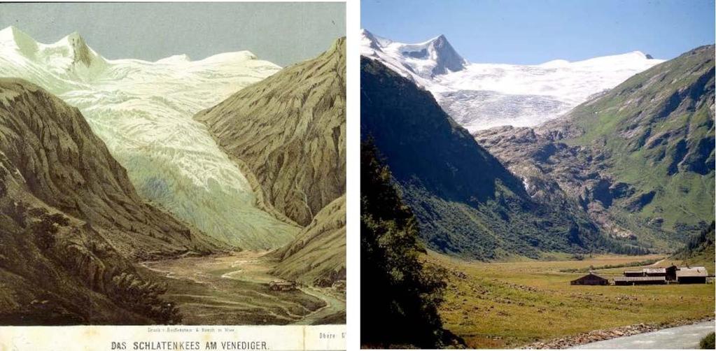 Klimawandel und die Gletscher in den österreichischen Alpen als Zeitzeugen! Abb 1: Gletscher auf dem Rückzug: Das Schlatenkees am Venediger 1852 (links) und 1995 (rechts).