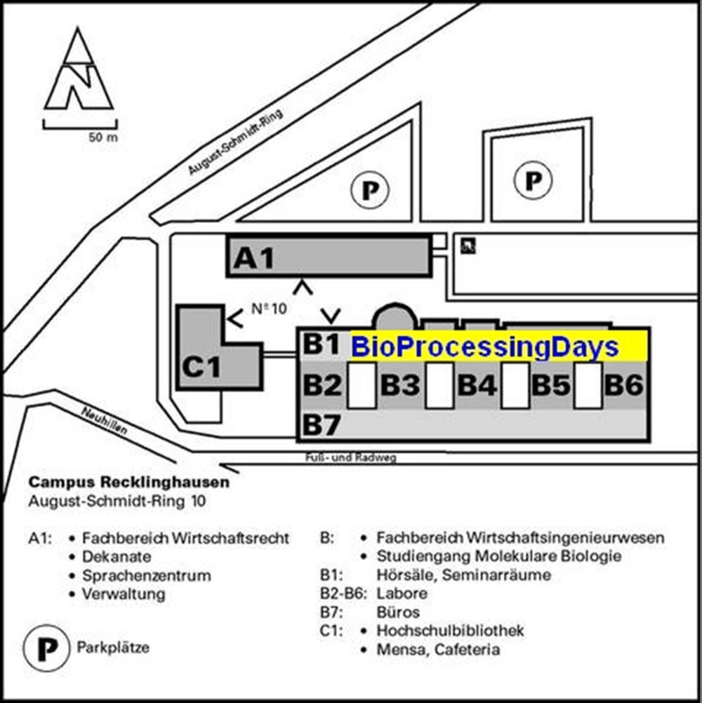 7 RAUMPLANUNG / WEGSKIZZE BioProcessingDays 2018. Tagungsräume: Hörsaal C (Gebäude B) Workshopräume: B.2.101 Optocell GmbH & Co. KG B.2.102 Trace Analytics GmbH B.2.103 Aquila Biolabs GmbH / Infors GmbH B.