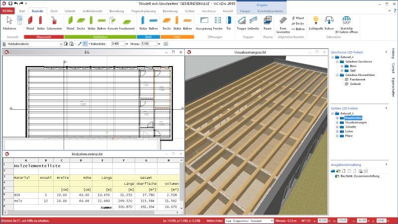 31 Bauteillisten Während der Erstellung eines Gebäudemodells benötigt der Planer immer wieder quantitative Gebäudedaten. ViCADo bietet hierzu konfigurierbare Mengenermittlungssichten.