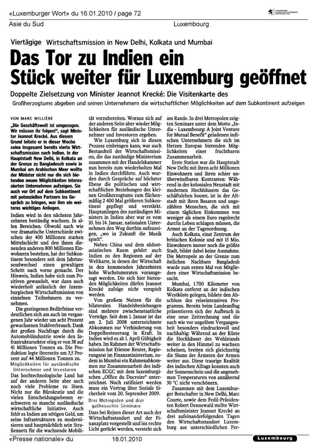 "Luxemburger Wort" du 16.01.