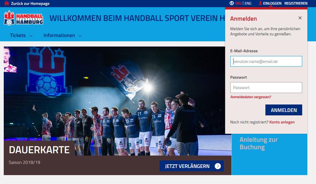 Anmeldung Registriert Euch zuerst unter https://hamburg-handball.tmtickets.de mit der bei der Ticketbestellung verwendeten E-Mail-Adresse und einem persönlichen Passwort.