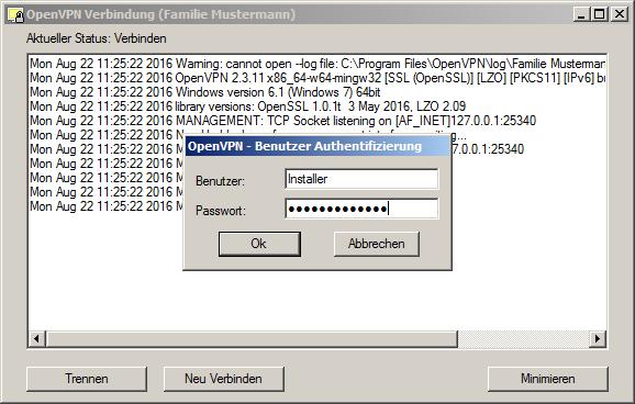 Fernzugriff Fernwartung 4. Benutzername und Passworteingaben Als Benutzername muss immer Installer eingegeben werden.