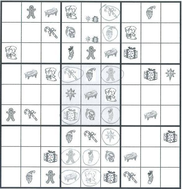 Man geht nun Zeilen und Spaltenweise vor, um in den Quadraten bestimmte Symbole gezielt auszuschließen, bzw. sichere Symbole einzutragen.