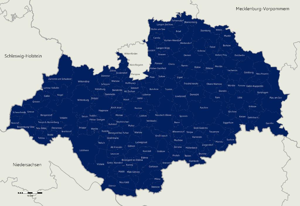 SWOT LUP - Rahmendaten Kommunen im Landkreis 149 Gemeinden, davon 16 Städte Kleinste Gemeinde: Bobzin (6,1 km²) Größte Gemeinde: Parchim (124,7 km²) vier größten Städte Parchim (17.