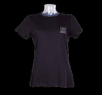 PERFECTION T-SHIRT DAMEN Dieses kurzarm GLOCK T-Shirt in Schwarz hat folgende Eigenschaften: 100% Baumwolle GLOCK Perfection Logo Druck auf der linken Brust in Weiß femininer Schnitt Web-Nackenband