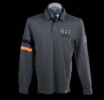 G17 RUGBY SHIRT HERREN Dieses langarm GLOCK Rugby Shirt in Grau hat folgende Eigenschaften: 100% Baumwolle GLOCK Perfection Logo Druck auf dem linken Ärmel Stickerei auf der linken Brust Streifen in