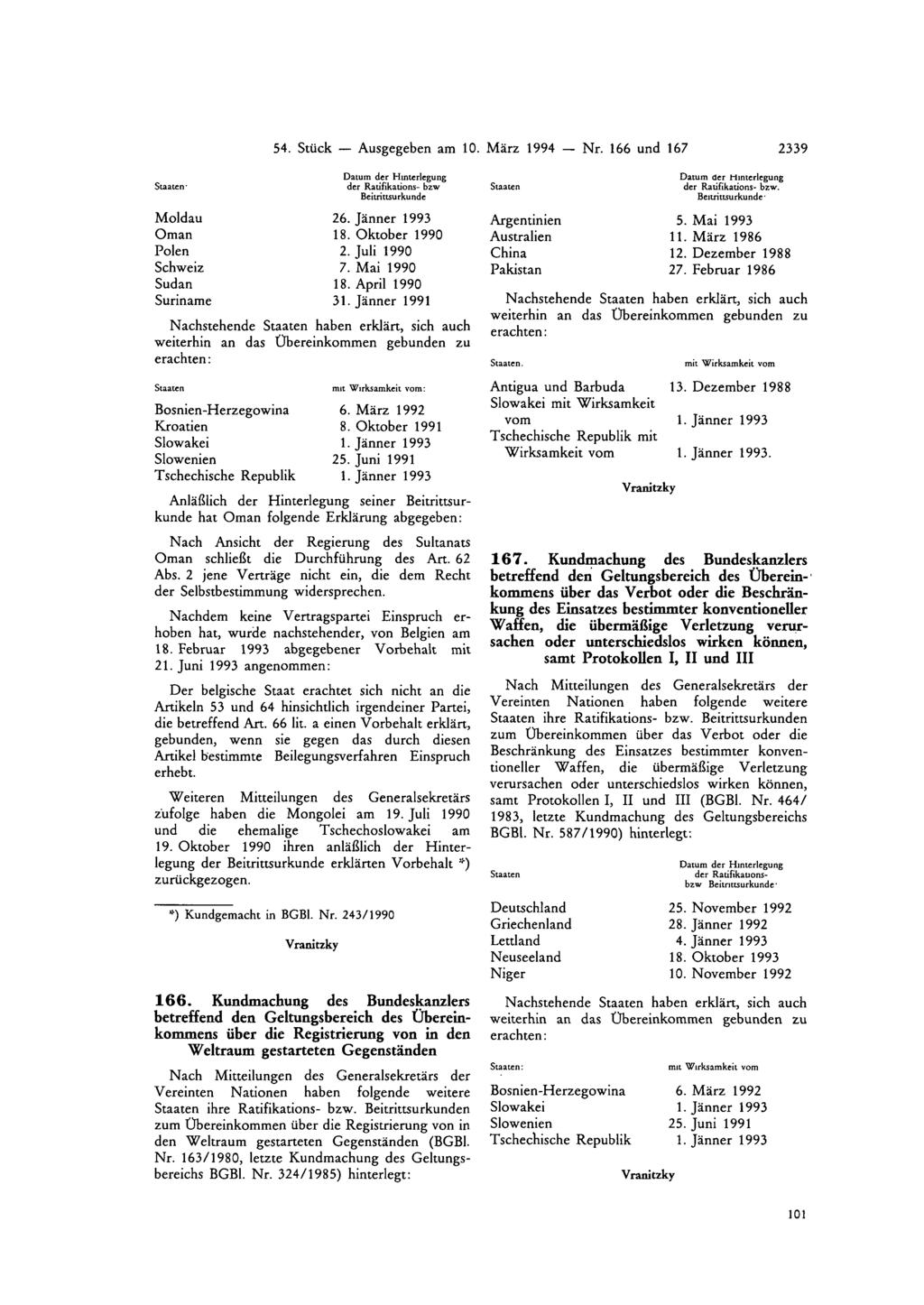 54. Stück Ausgegeben am 10. März 1994 Nr. 166 und 167 2339 Moldau 26. Jänner 1993 Oman 18. Oktober 1990 Polen 2. Juli 1990 Schweiz 7 Mai 1990 Sudan 18. April 1990 Suriname 31. Jänner 1991 erachten.