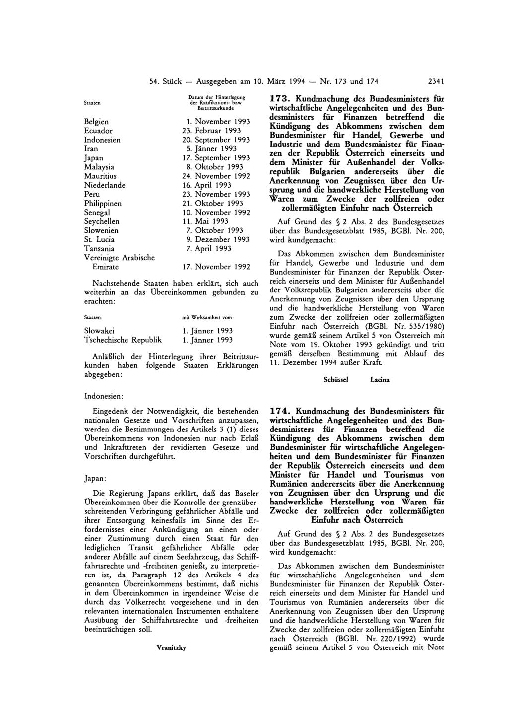 54. Stück Ausgegeben am 10. März 1994 Nr. 173 und 174 2341 Belgien 1. November 1993 Ecuador 23. Februar 1993 Indonesien 20. September 1993 Iran 5. Jänner 1993 Japan 17 September 1993 Malaysia 8.