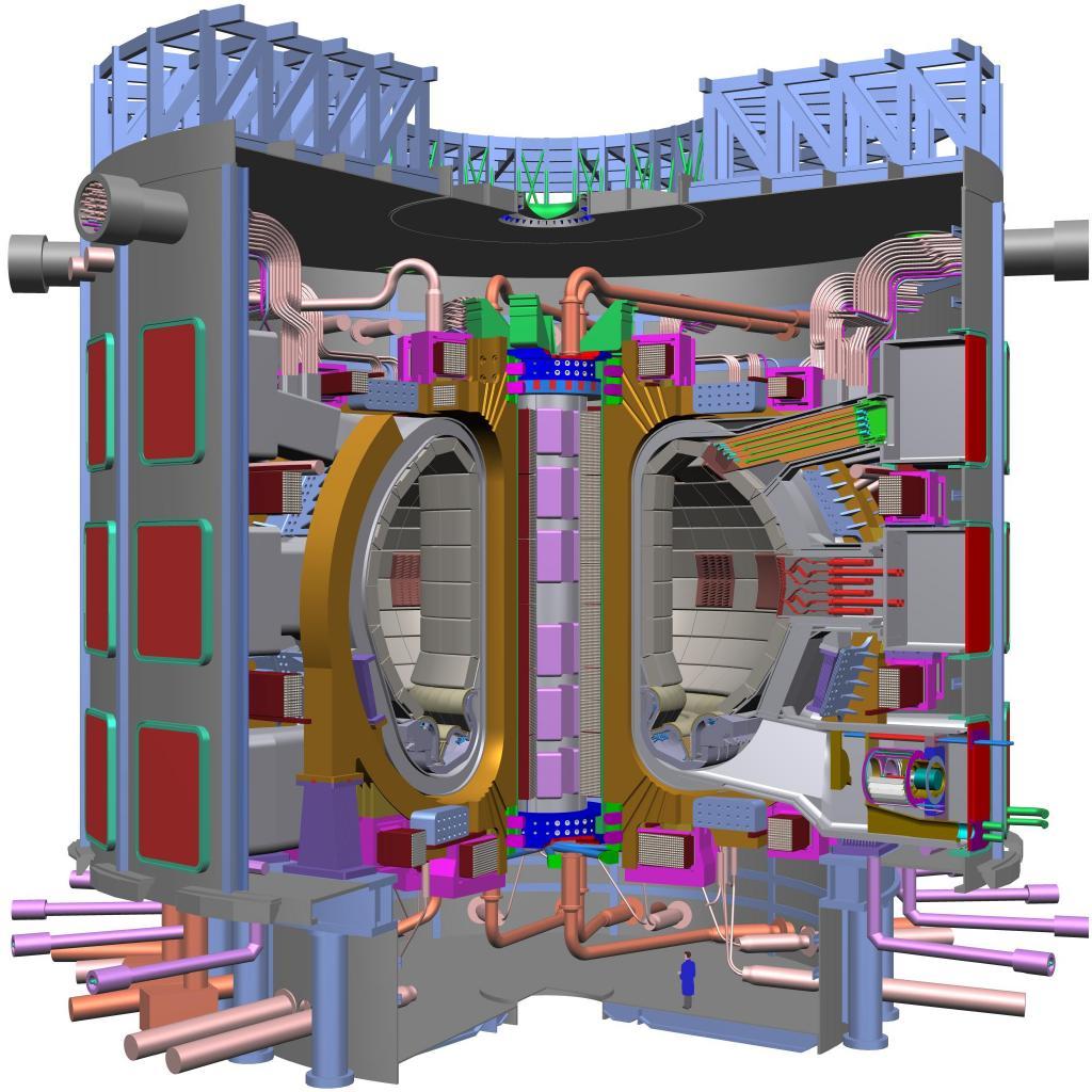 Abb. 2 Das Schnittbild des etwa 30 m hohen ITER zeigt unter anderem das torusförmige Plasmagefäß mit einigen Einbauten, die